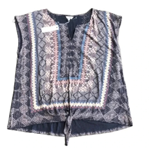 Lucky Brand gray blue red muted Aztec print front tie top 1X New with Tags - Picture 1 of 9